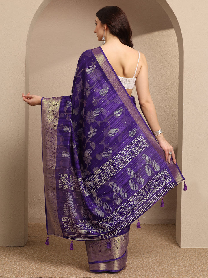 Purple Paisley Woven Design Banarsi Silk Blend Saree With Unstitched Blouse Piece