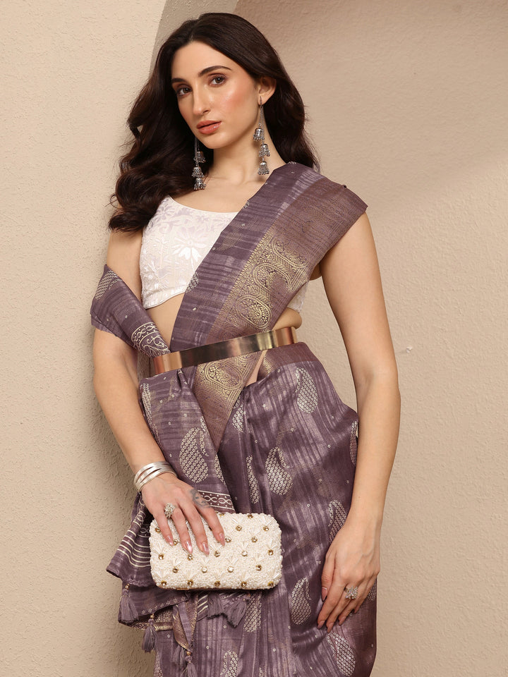 Mauve Paisley Woven Design Silk Blend Saree With Unstitched Blouse Piece