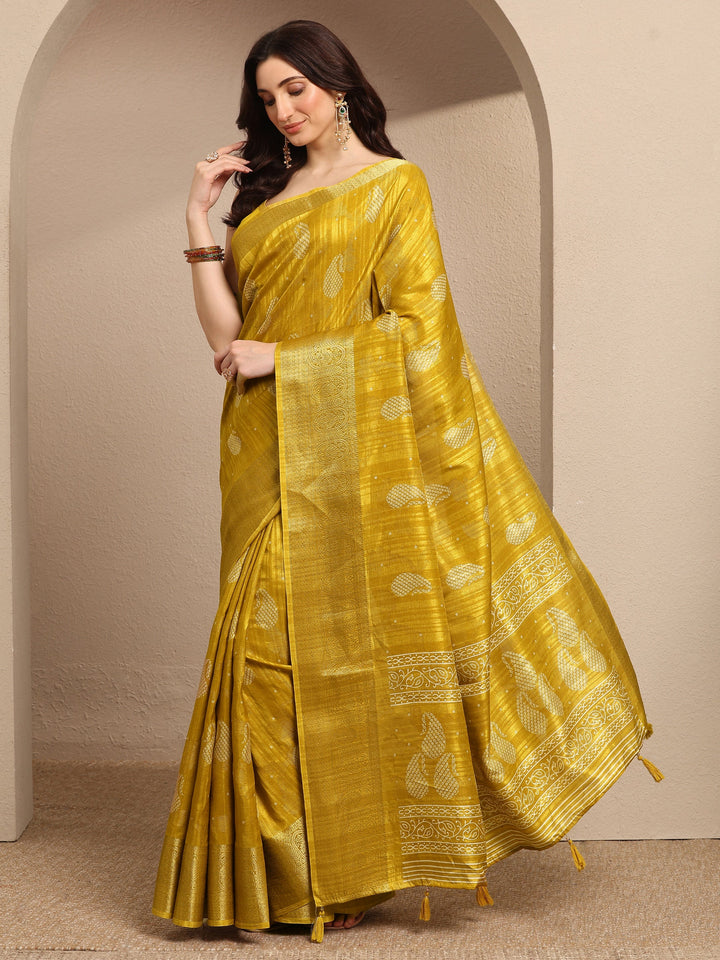 Mustard Paisley Woven Design Silk Blend Saree With Unstitched Blouse Piece