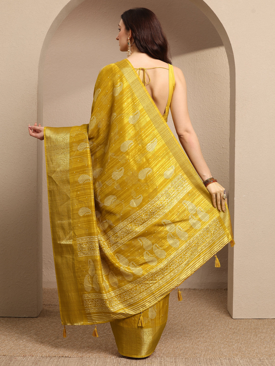 Mustard Paisley Woven Design Silk Blend Saree With Unstitched Blouse Piece