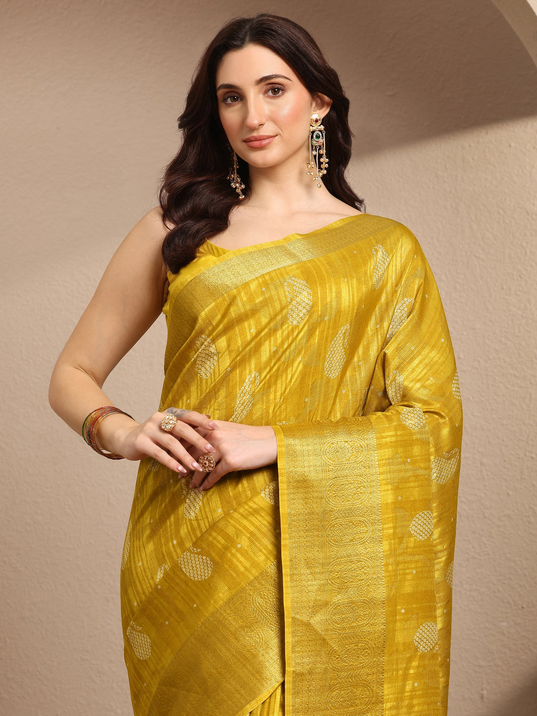 Mustard Paisley Woven Design Silk Blend Saree With Unstitched Blouse Piece