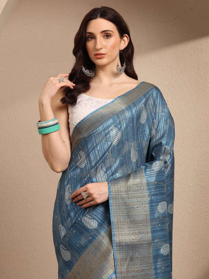 Blue Paisley Woven Design Silk Blend Saree With Unstitched Blouse Piece