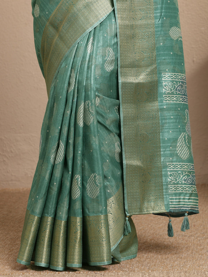 Green Paisley Woven Design Silk Blend Saree With Unstitched Blouse Piece
