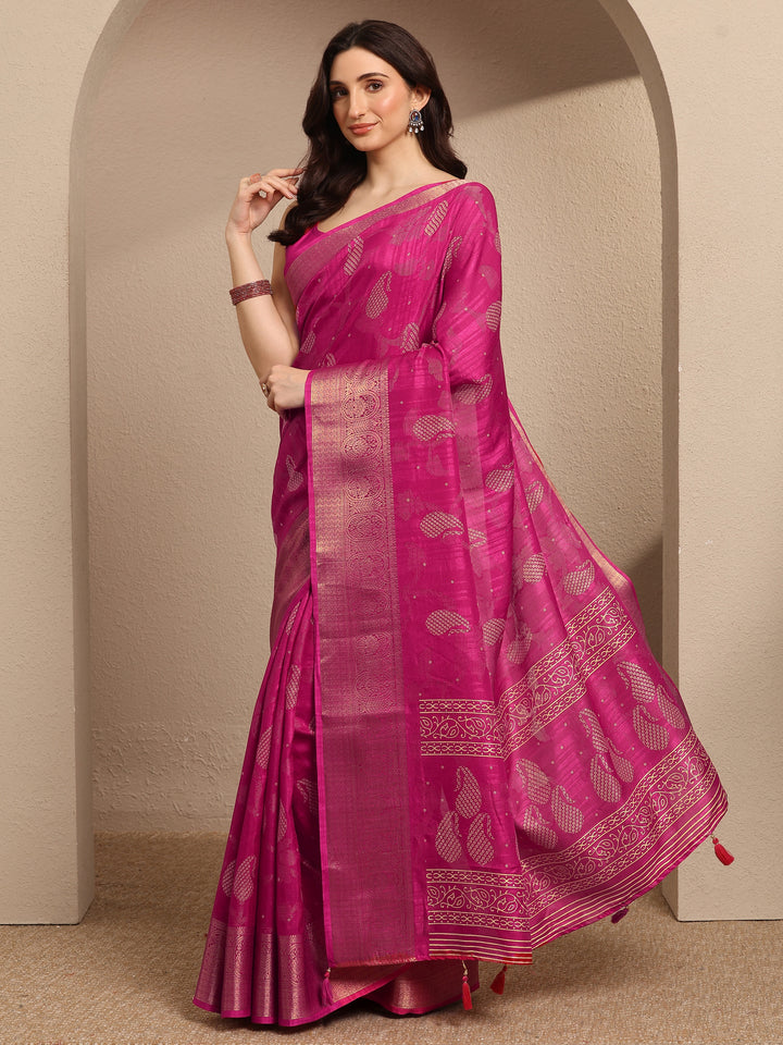 Pink Paisley Woven Design Silk Blend Saree With Unstitched Blouse Piece