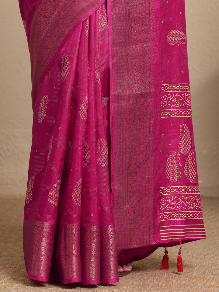 Pink Paisley Woven Design Silk Blend Saree With Unstitched Blouse Piece