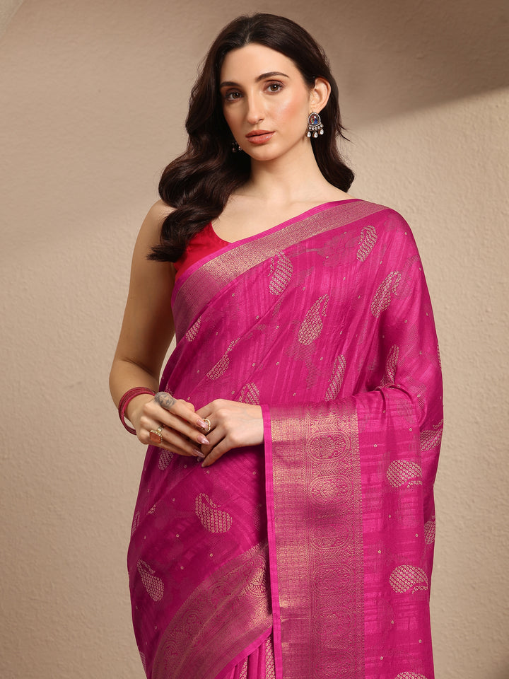 Pink Paisley Woven Design Silk Blend Saree With Unstitched Blouse Piece