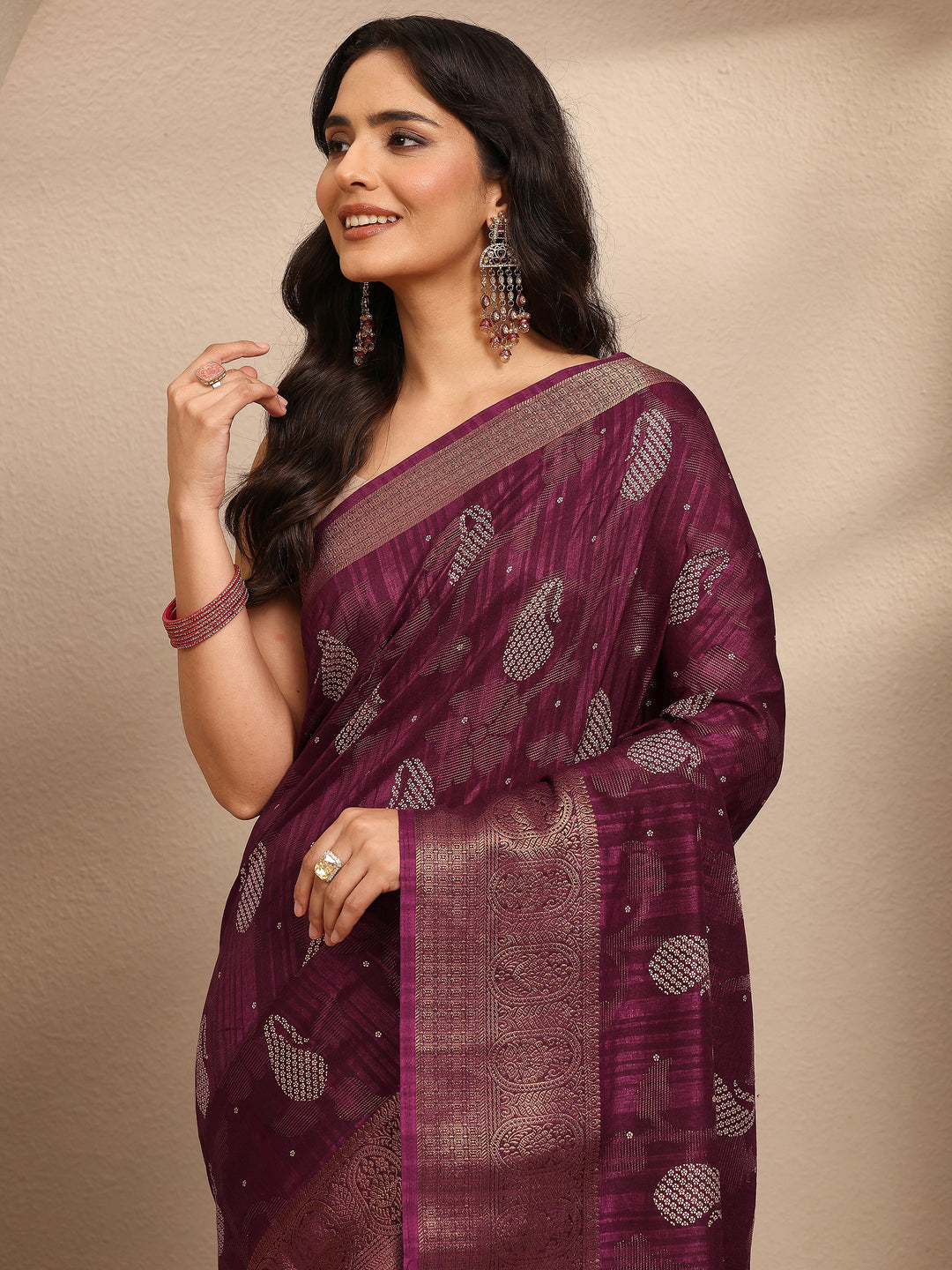 Burgundy Paisley Woven Design Silk Blend Saree With Unstitched Blouse Piece
