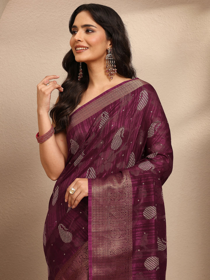 Burgundy Paisley Woven Design Silk Blend Saree With Unstitched Blouse Piece