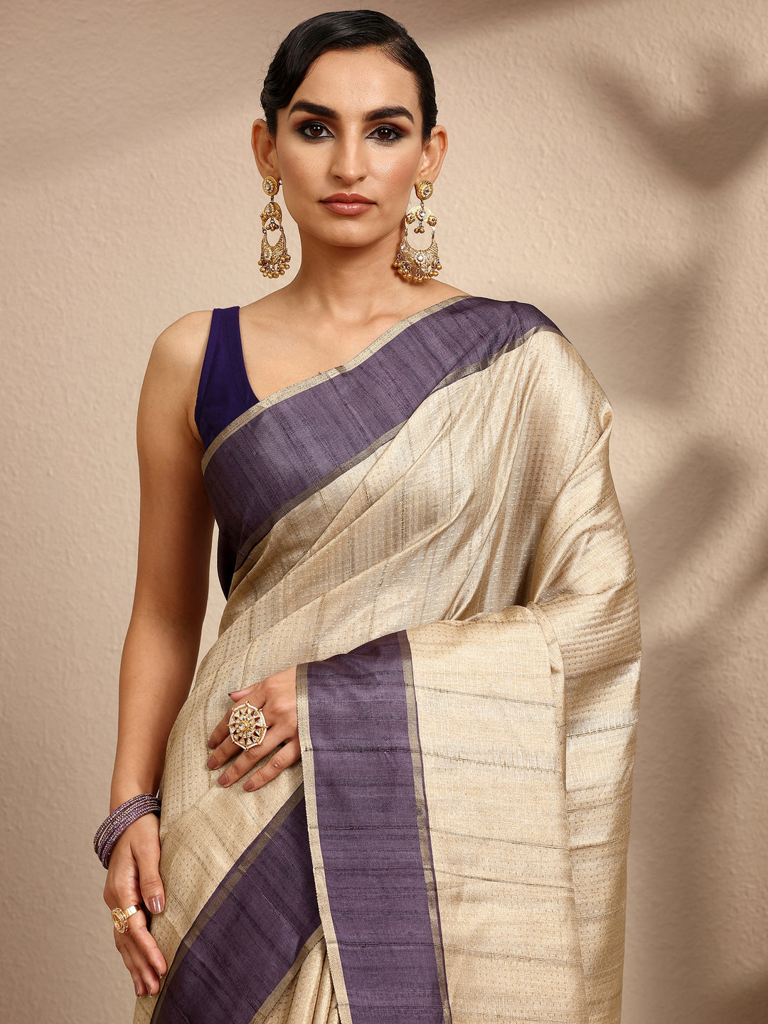 Beige Woven Design Banarsi Silk Blend Saree With Unstitched Blouse Piece