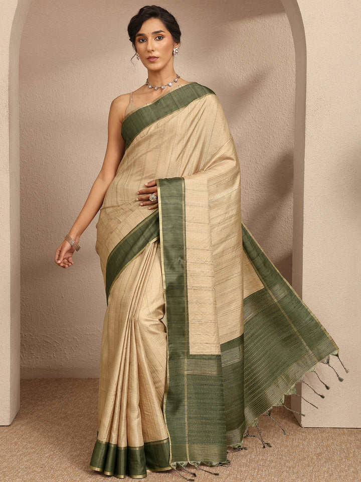 Beige Woven Design Silk Blend Saree With Unstitched Blouse Piece
