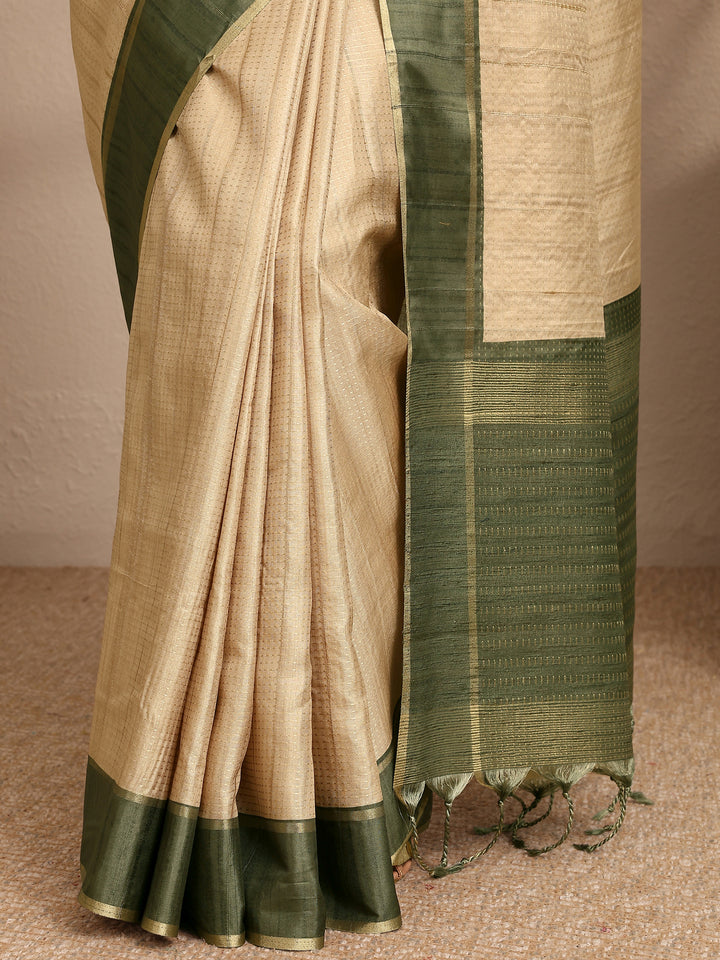 Beige Woven Design Silk Blend Saree With Unstitched Blouse Piece