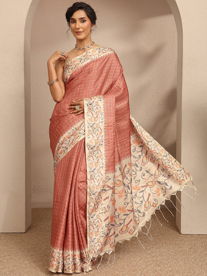 Peach Woven Design Banarsi Silk Blend Saree With Unstitched Blouse Piece