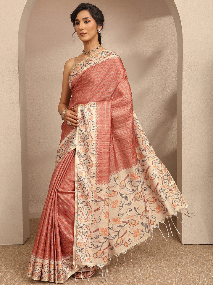 Peach Woven Design Banarsi Silk Blend Saree With Unstitched Blouse Piece