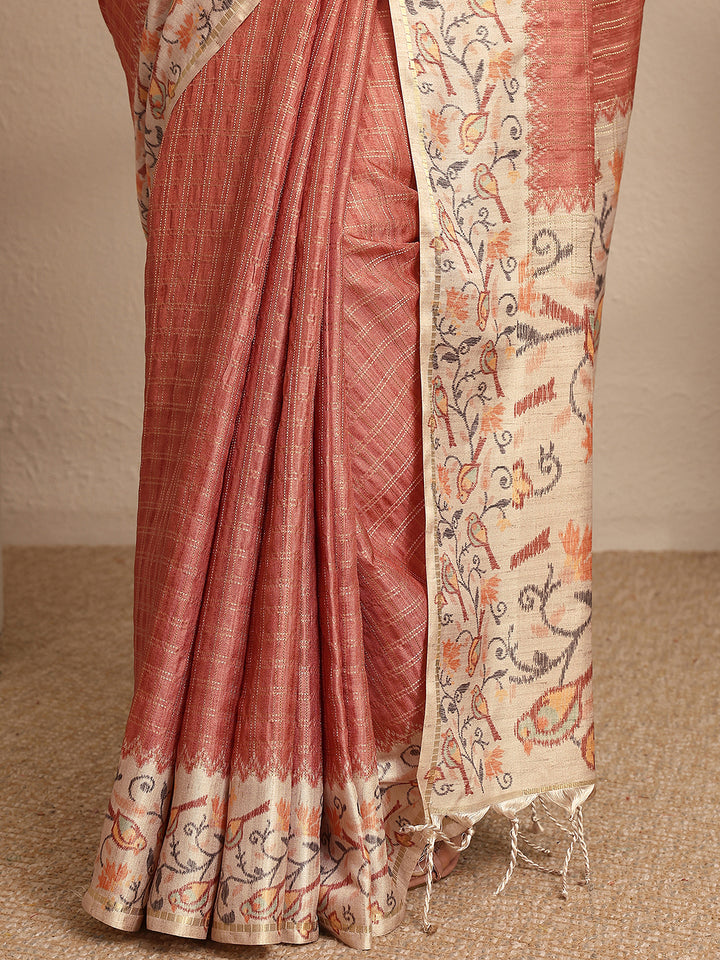 Peach Woven Design Banarsi Silk Blend Saree With Unstitched Blouse Piece