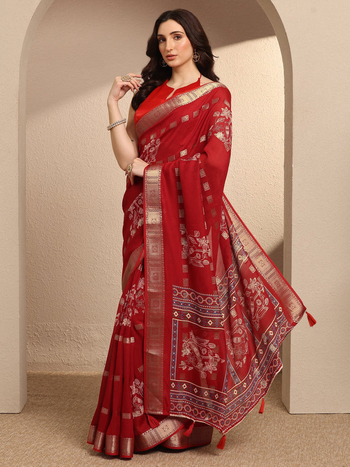Red Printed Georgette Saree With Unstitched Blouse Piece