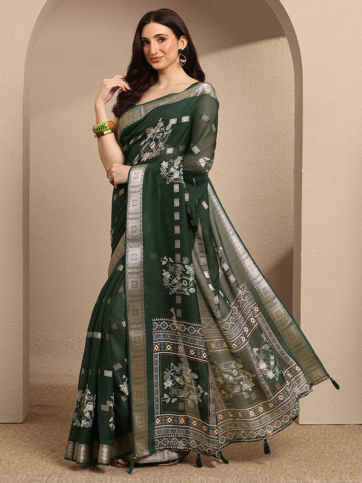 Green Printed Georgette Saree With Unstitched Blouse Piece