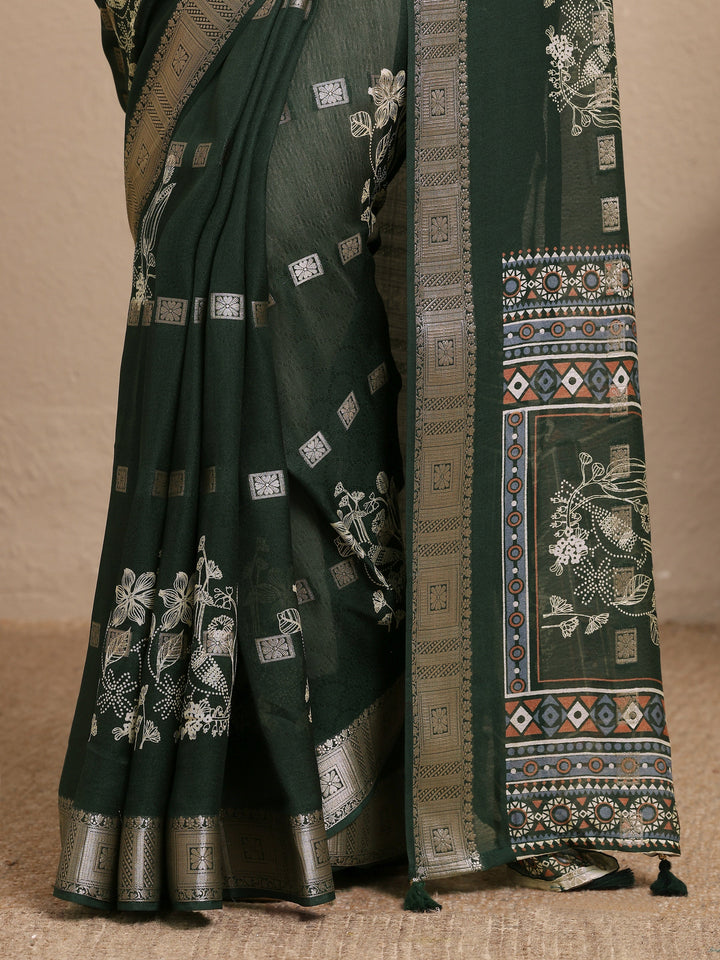 Green Printed Georgette Saree With Unstitched Blouse Piece