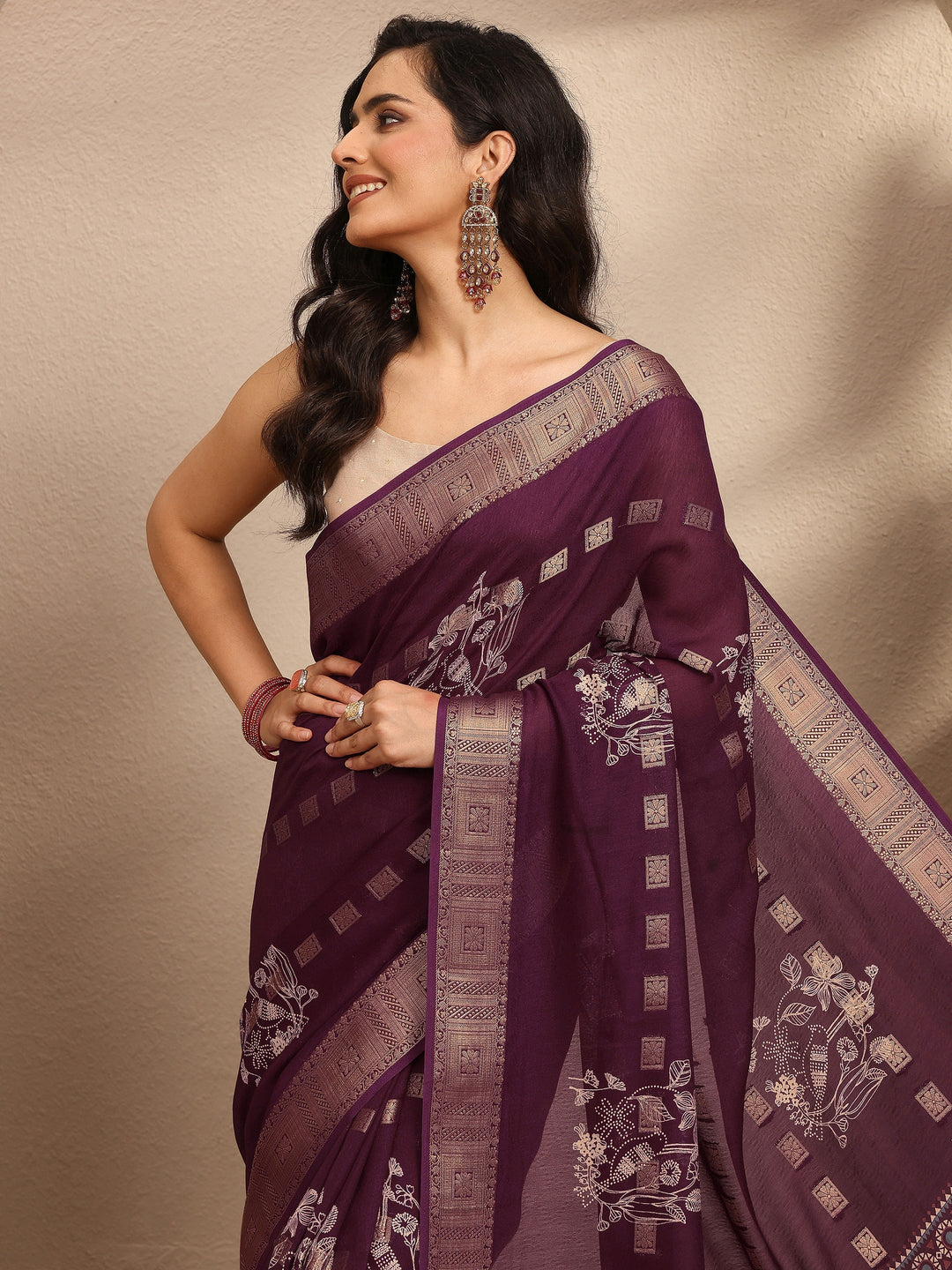 Maroon Printed Georgette Saree With Unstitched Blouse Piece