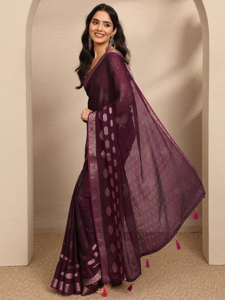 Burgundy Printed Georgette Saree With Unstitched Blouse Piece