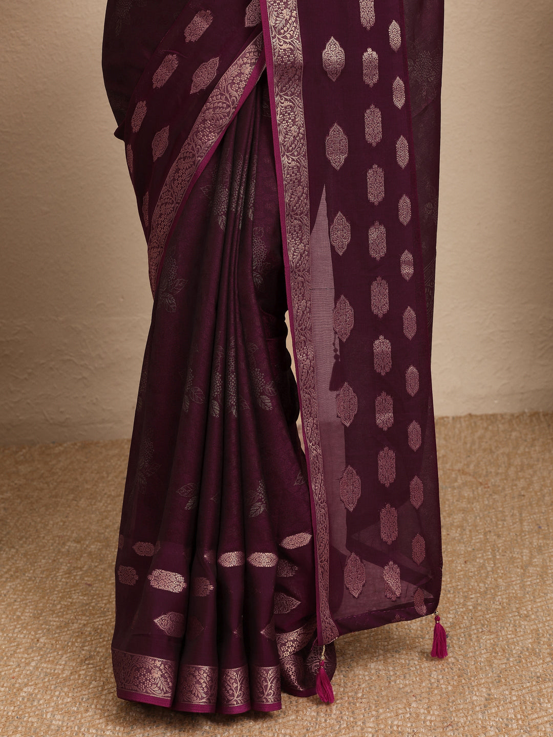 Burgundy Printed Georgette Saree With Unstitched Blouse Piece