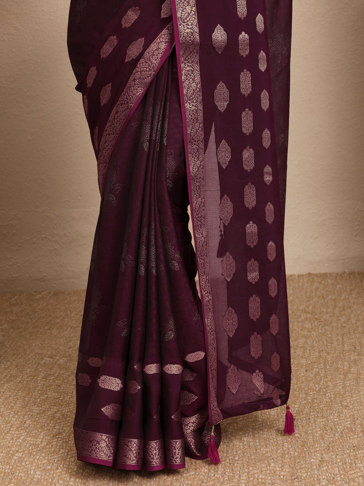 Burgundy Printed Georgette Saree With Unstitched Blouse Piece