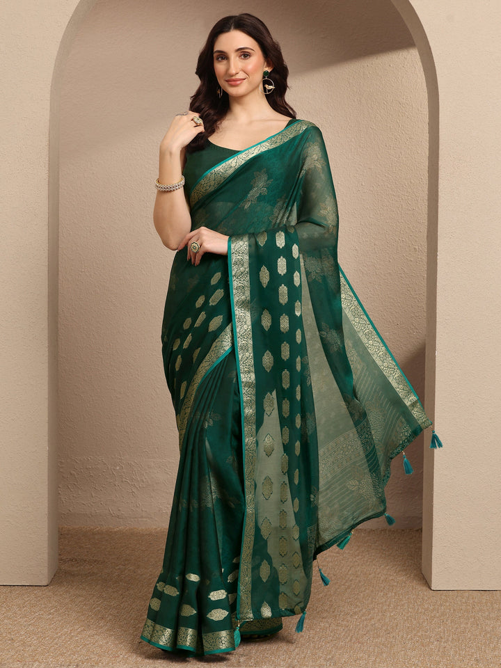 Green Printed Georgette Saree With Unstitched Blouse Piece