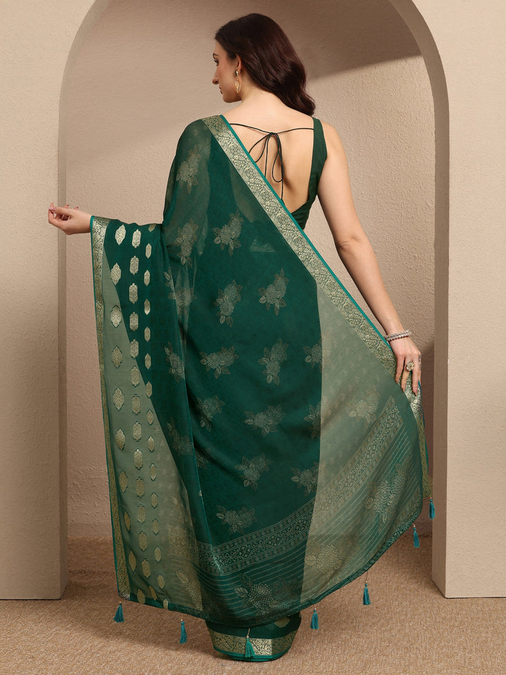 Green Printed Georgette Saree With Unstitched Blouse Piece