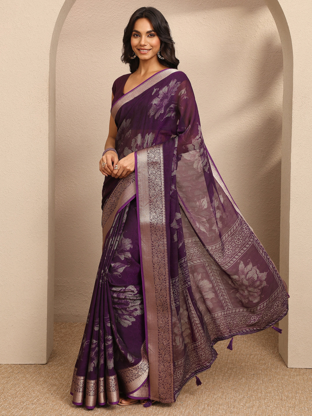Purple Printed Georgette Saree With Unstitched Blouse Piece