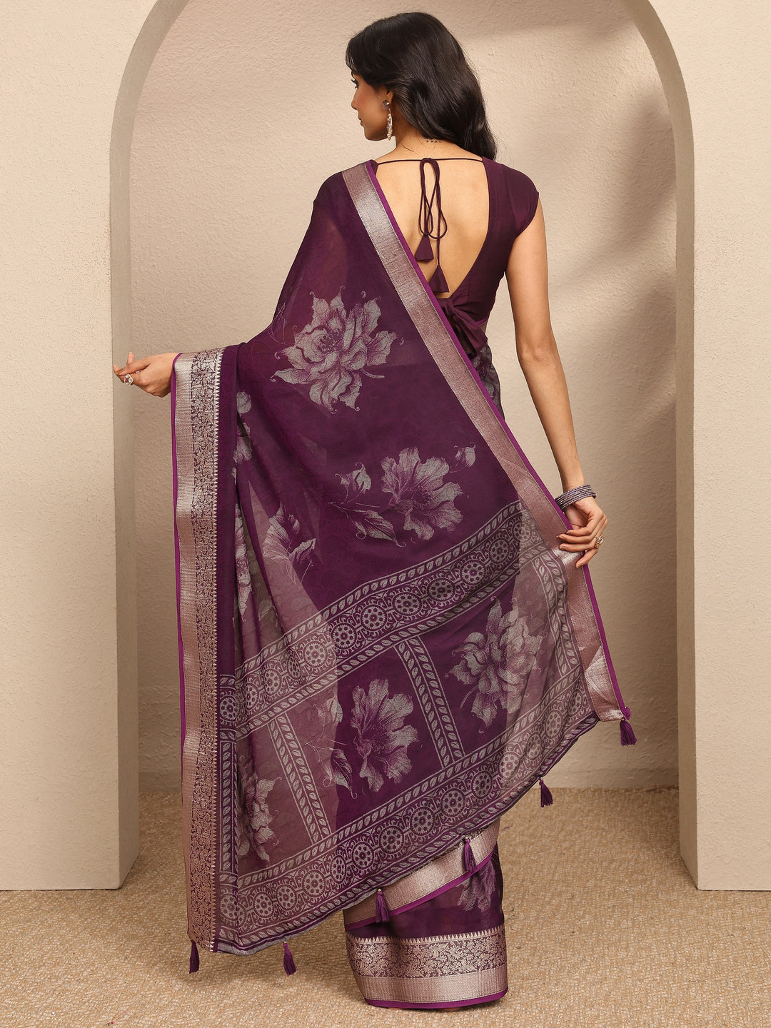 Purple Printed Georgette Saree With Unstitched Blouse Piece