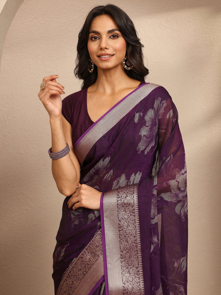 Purple Printed Georgette Saree With Unstitched Blouse Piece