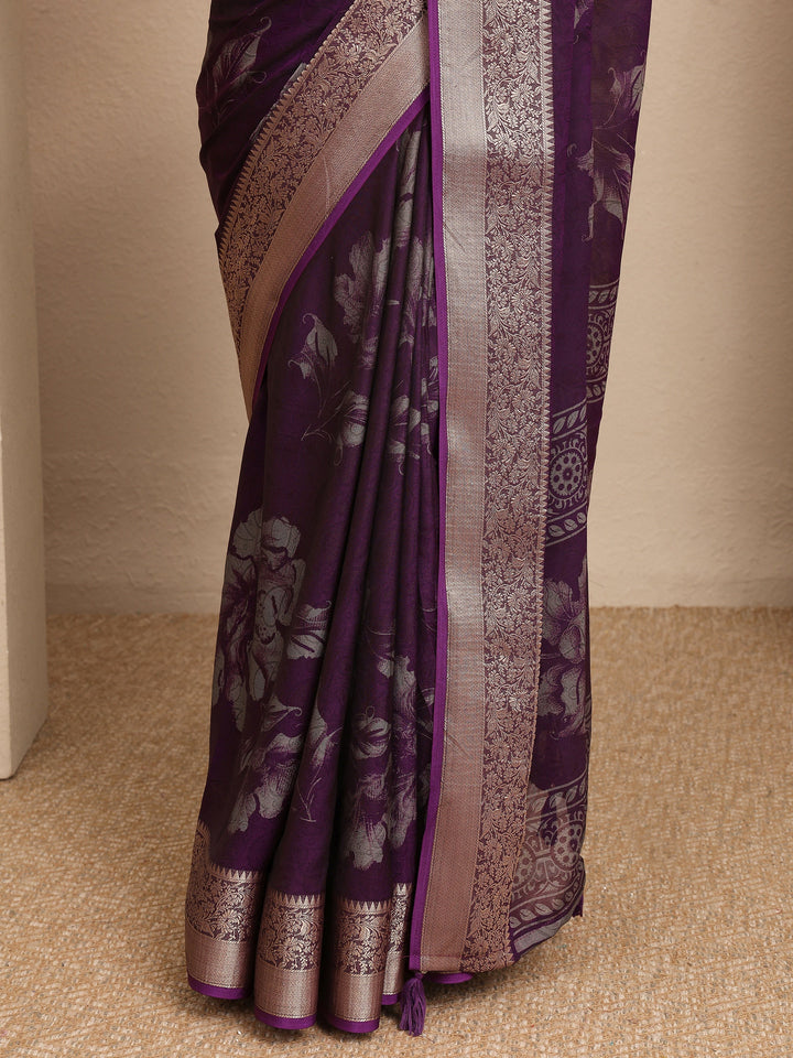 Purple Printed Georgette Saree With Unstitched Blouse Piece