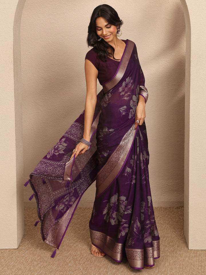 Purple Printed Georgette Saree With Unstitched Blouse Piece