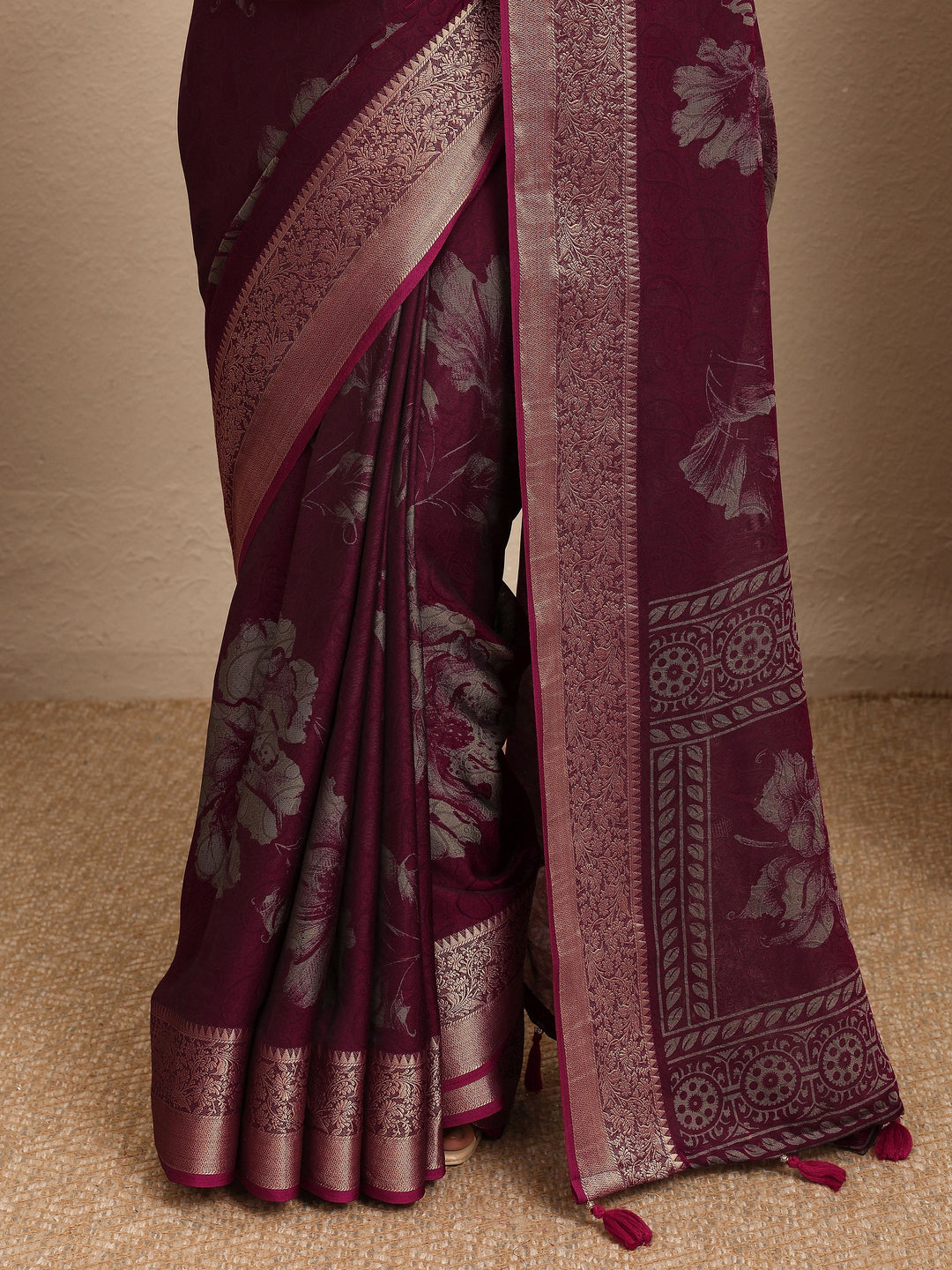 Maroon Printed Georgette Saree With Unstitched Blouse Piece