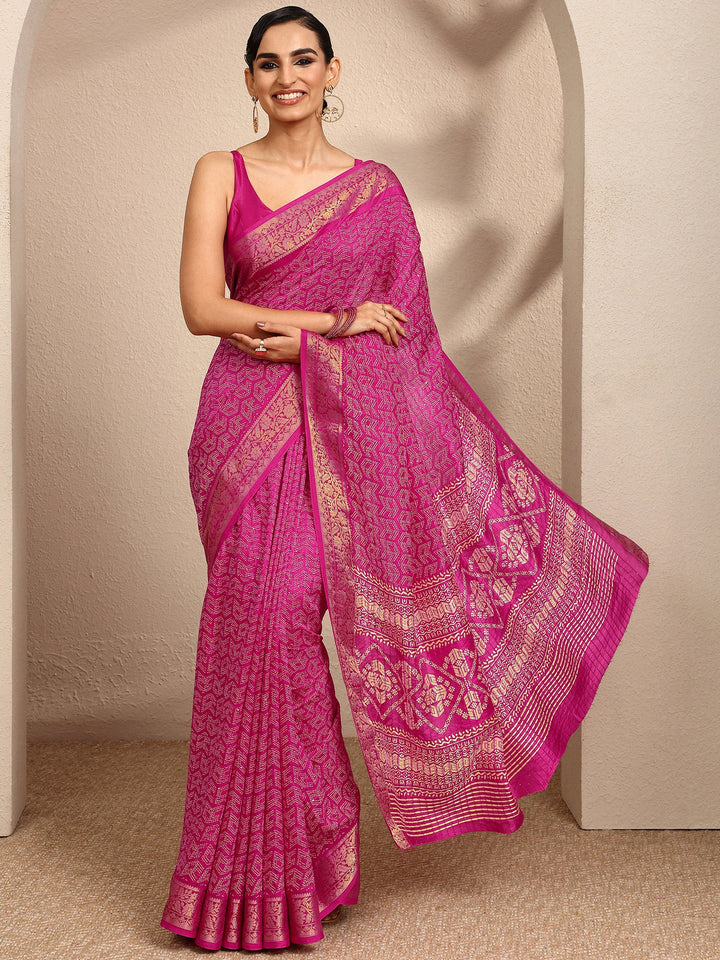 Pink Geometric Printed Silk Blend Saree With Unstitched Blouse Piece