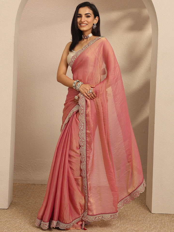 Pink Solid Organza Saree With Unstitched Blouse Piece
