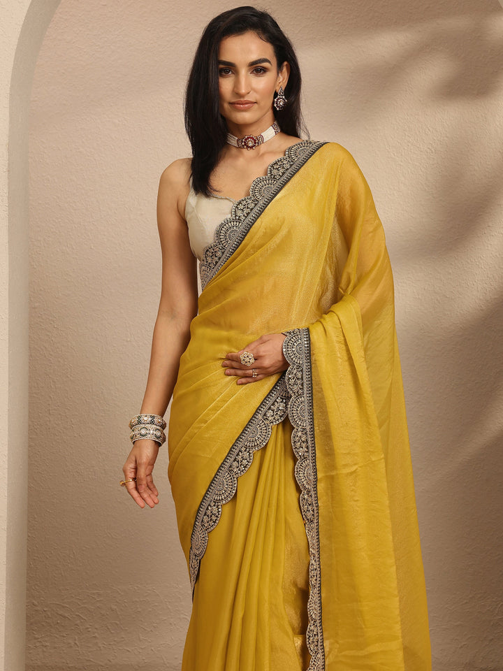 Mustard Solid Organza Saree With Unstitched Blouse Piece