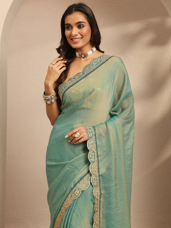 Blue Solid Organza Saree With Unstitched Blouse Piece