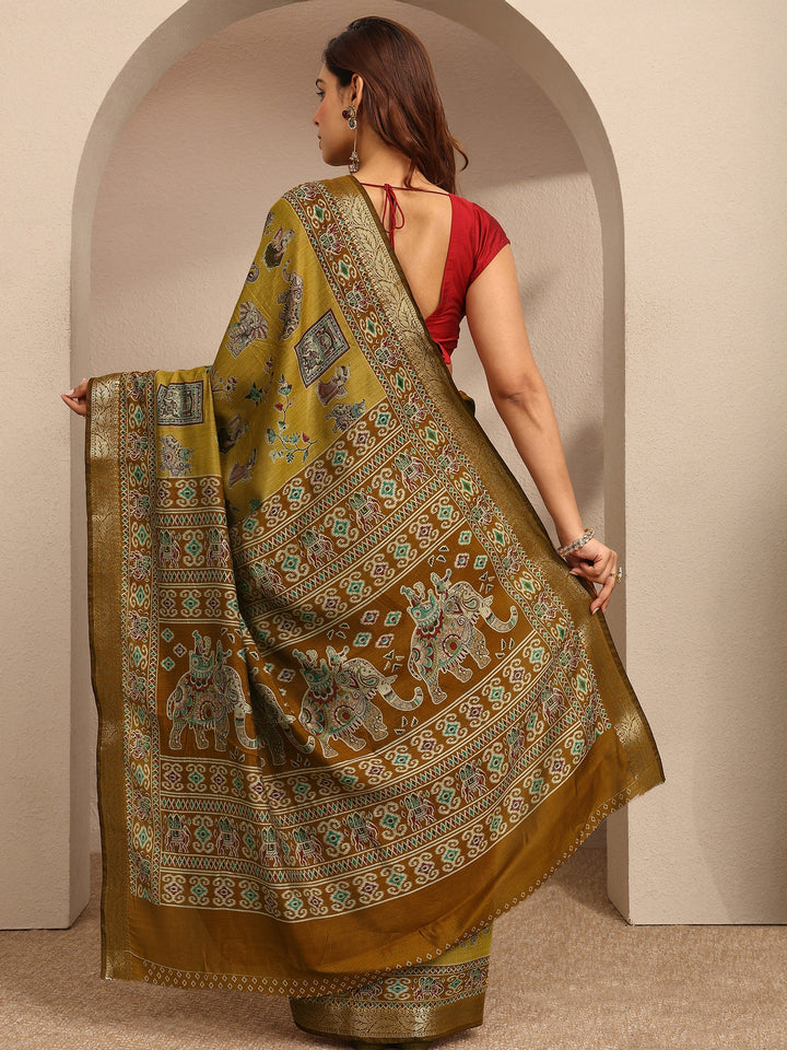 Mustard Tribal Printed Silk Blend Saree With Unstitched Blouse Piece