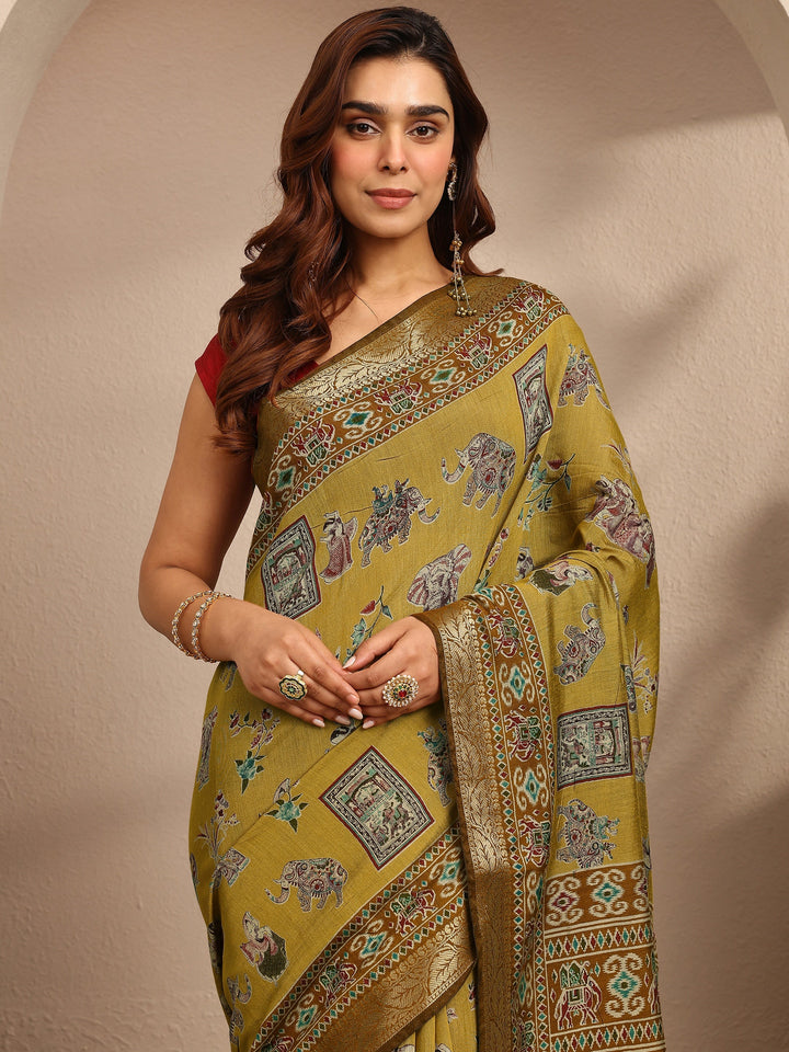 Mustard Tribal Printed Silk Blend Saree With Unstitched Blouse Piece