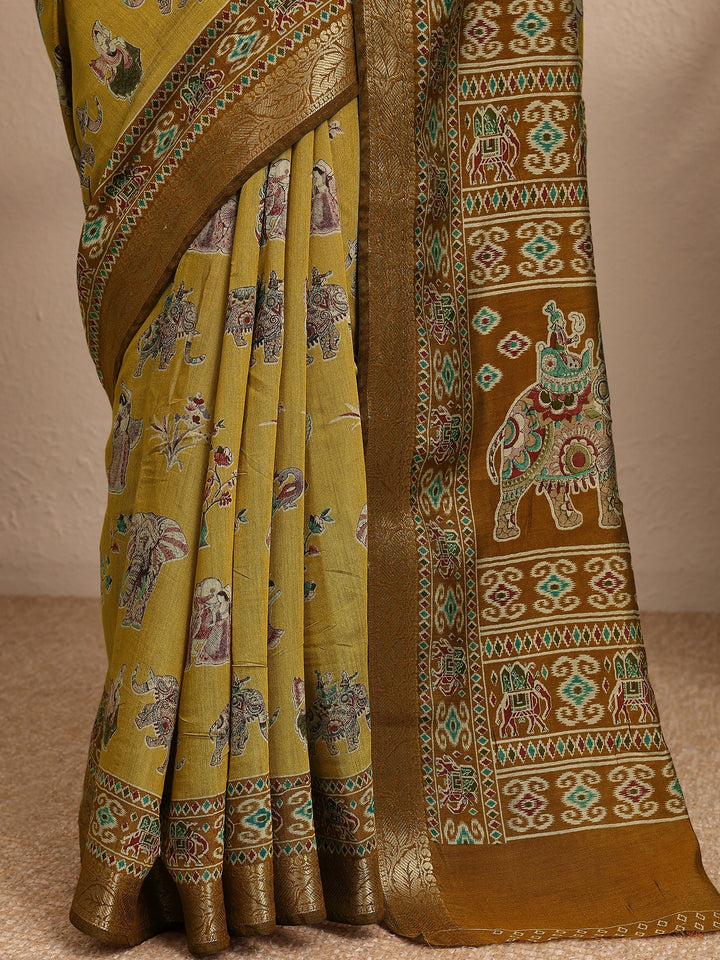 Mustard Tribal Printed Silk Blend Saree With Unstitched Blouse Piece