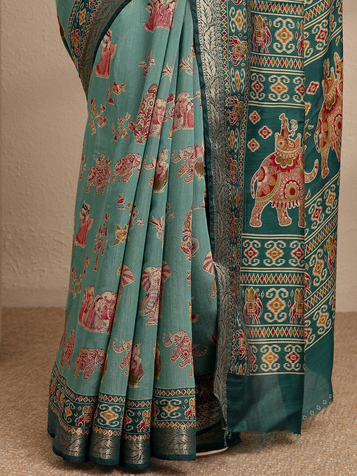 Green Tribal Printed Silk Blend Saree With Unstitched Blouse Piece