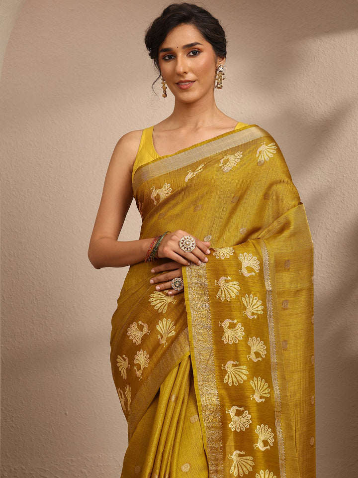 Mustard Woven Design Banarsi Silk Blend Saree With Unstitched Blouse Piece