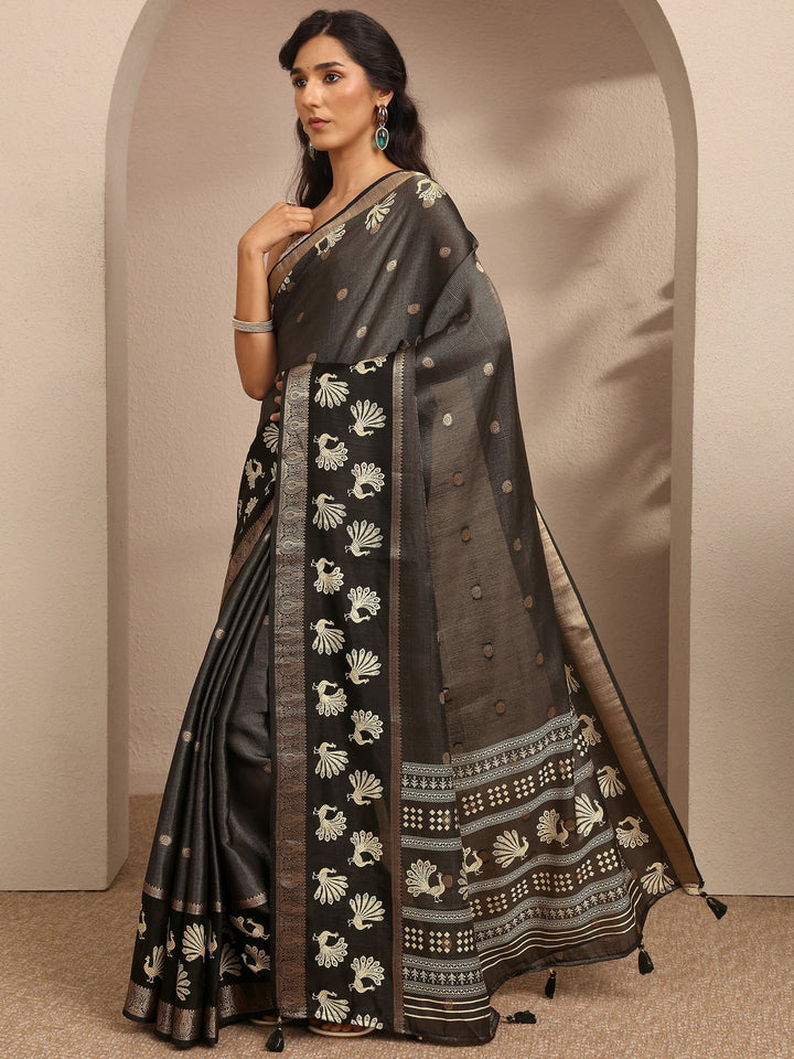 Black Woven Design Banarsi Silk Blend Saree With Unstitched Blouse Piece