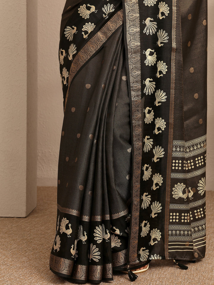Black Woven Design Banarsi Silk Blend Saree With Unstitched Blouse Piece
