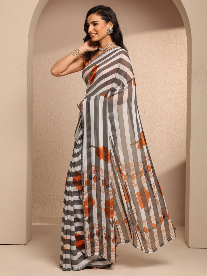 White Printed Georgette Saree With Unstitched Blouse Piece