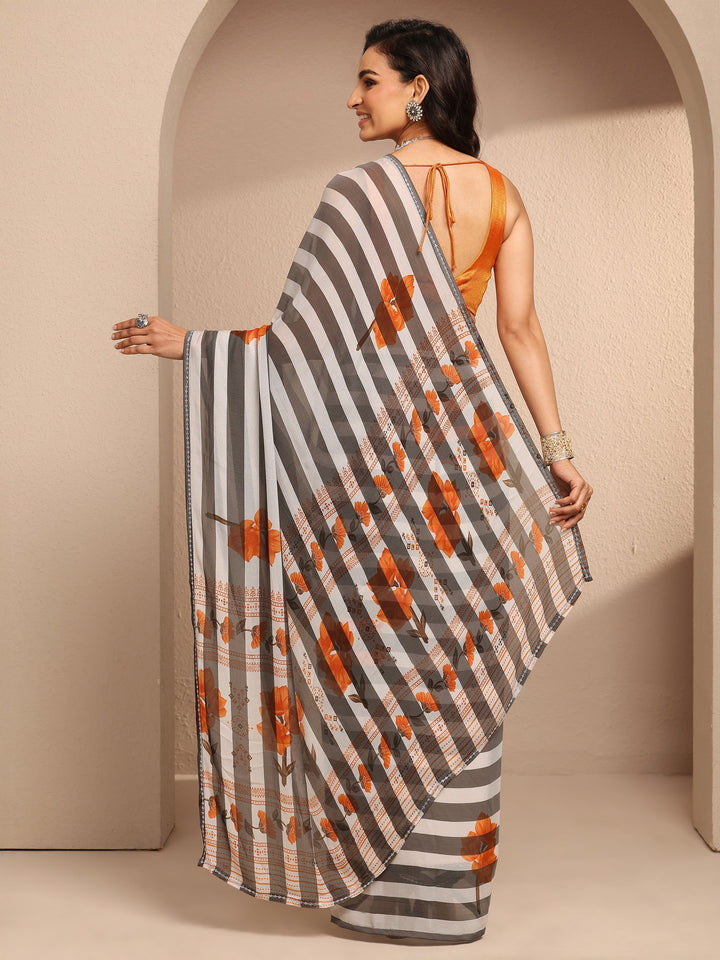 White Printed Georgette Saree With Unstitched Blouse Piece
