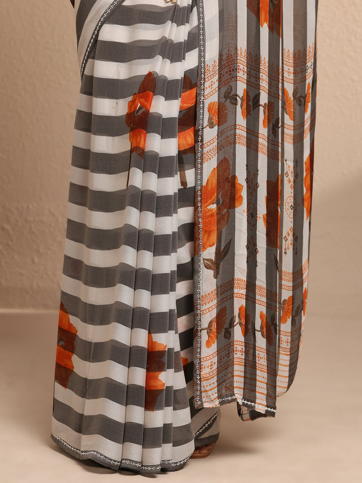 White Printed Georgette Saree With Unstitched Blouse Piece