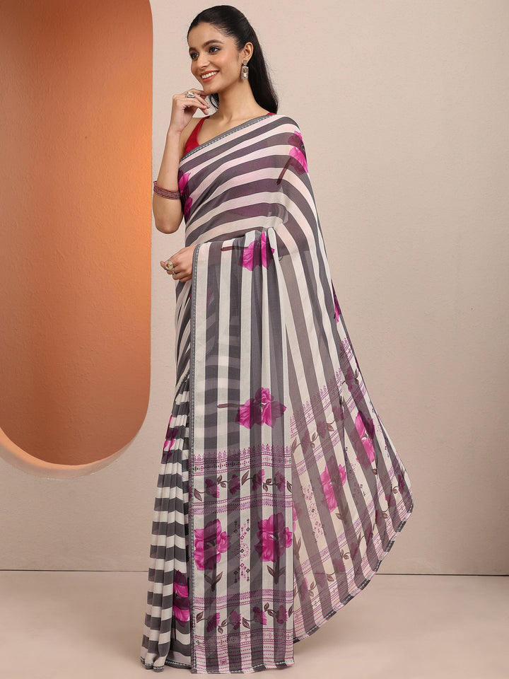 White Printed Georgette Saree With Unstitched Blouse Piece