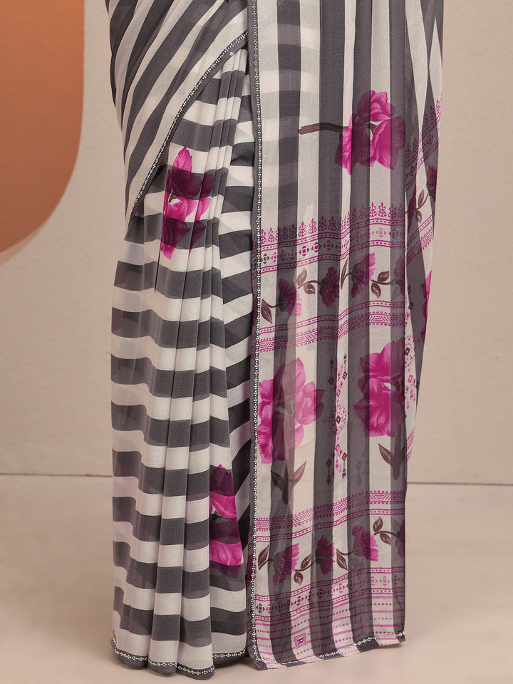 White Printed Georgette Saree With Unstitched Blouse Piece