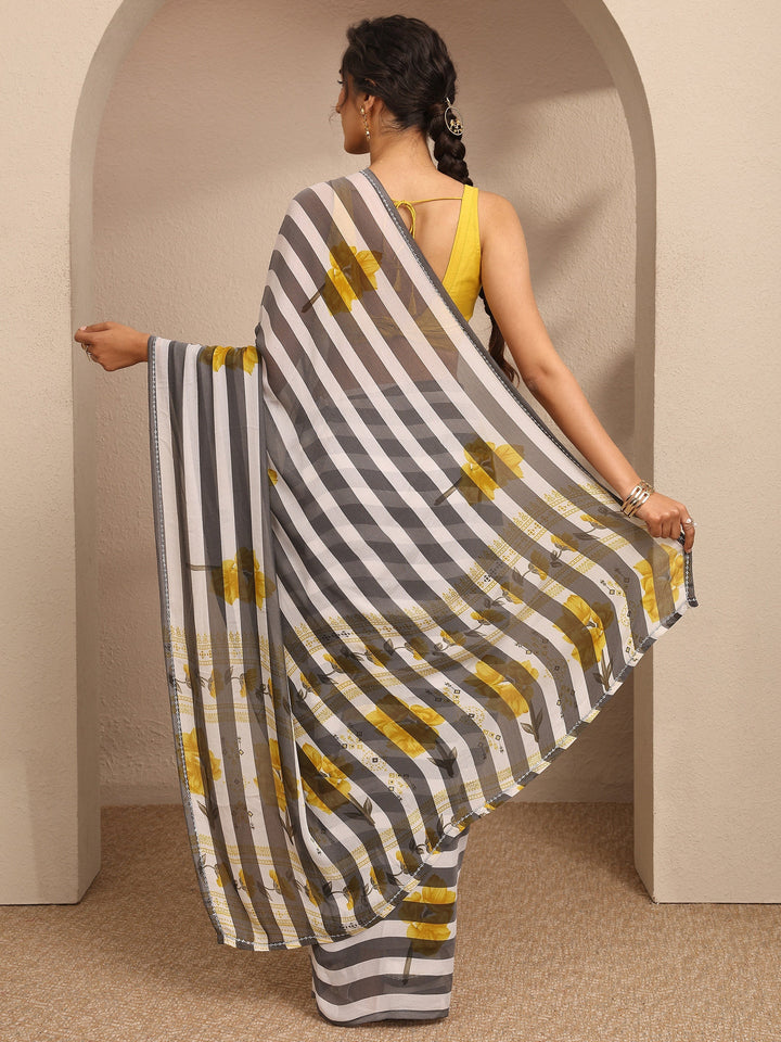 White Printed Georgette Saree With Unstitched Blouse Piece